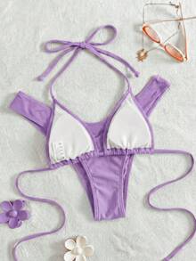 Swim Vcay 女款夏季海灘純色掛脖綁帶性感比基尼三角褲兩件式泳衣套裝 - 紫色 - 查看 5