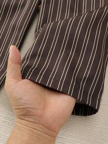 SHEIN 女童波點休閒長褲，經典棕色，側面對比飾邊設計，運動風梭織布料，鬆緊腰頭，秋季 - 棕色 - 查看 6