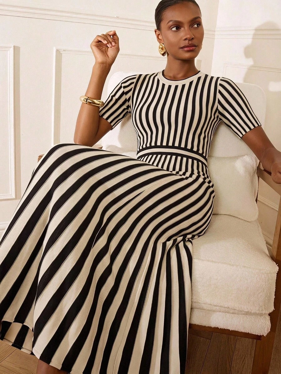 Lilora Women's Elegant Round Neck Striped Knit Dress, High-End Fashion Versatile Elegant Dress, Suitable For Commuting, Daily Casual Outings, Gatherings, Dates, Parties, Leisure, Outings, Holidays, Vacations, Summer, Holiday Travel - Black and White - View 1