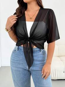 Shapeblank Plus Size Women's Spring/Summer Fashion Casual Elegant Traditional Sexy Loose Comfortable Chiffon Cardigan, Black Top, Party Vacation Formal Night - Black - View 5