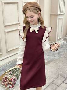 SHEIN Serisse Kids Tween Girl 3D Bow Decor Ruffle Flare Cuff Sweater Autumn Dress - Burgundy - View 7