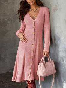 Balvessa V-Neck Single-Breasted Metal Hand-Stitched Button Cinched Cinched Waist Ribbed Cuff Long Sleeve A-Line Hem Women's Sweater Dress - Pink - View 4