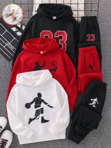 SHEIN 6件/套 青少年男孩休閒寬鬆字母印花圓領連帽長袖上衣與運動長褲兩件套，適合通勤、上學、日常休閒穿著、運動，秋冬返校季 - 彩色 - 查看 3