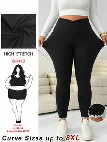SHEIN CURVE+ 大尺碼純色高腰休閒日常穿著緊身褲 職場健身適用 2026年秋季 22W - 黑色 - 查看 10
