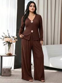 Modelyn Plus Size Women's Metal 3D Floral Decor Long Sleeve Top And Wide Leg Pants Elegant 2-Piece Set - Coffee Brown - View 4
