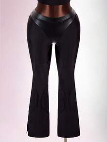 Amplova Women's Triangle Patchwork Suede Sporty Sexy Tight-Fitting Bodycon Waist-Cinching Low-Waist Skinny Long Pants Halloween Club Black Autumn - Black - View 10