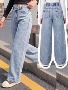 SHEIN Girls' Denim Jeans Y2K Style, Light Blue Vintage Wash, Featuring Bow Embroidery On The Back Pockets; Stylish And Versatile. - Light Wash - View 2