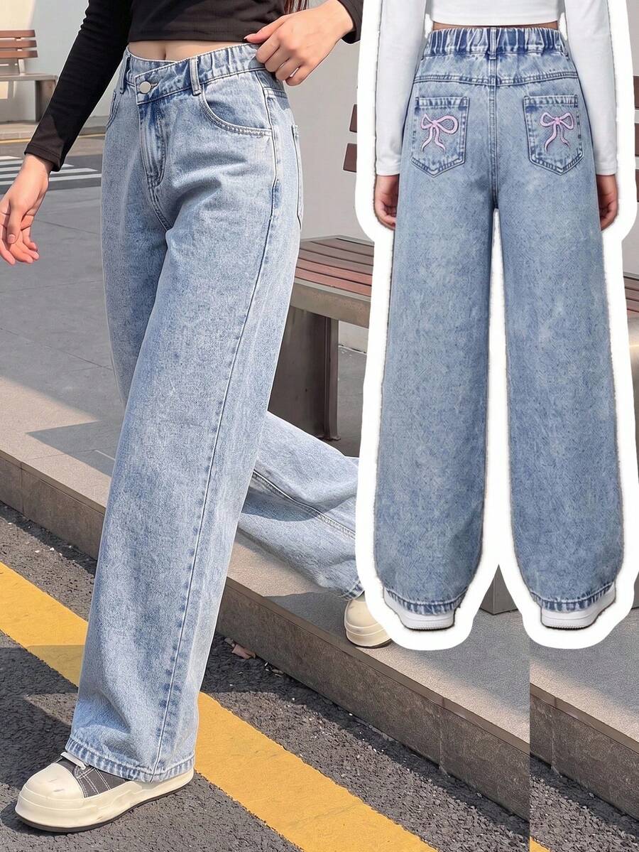 SHEIN Girls' Denim Jeans Y2K Style, Light Blue Vintage Wash, Featuring Bow Embroidery On The Back Pockets; Stylish And Versatile.