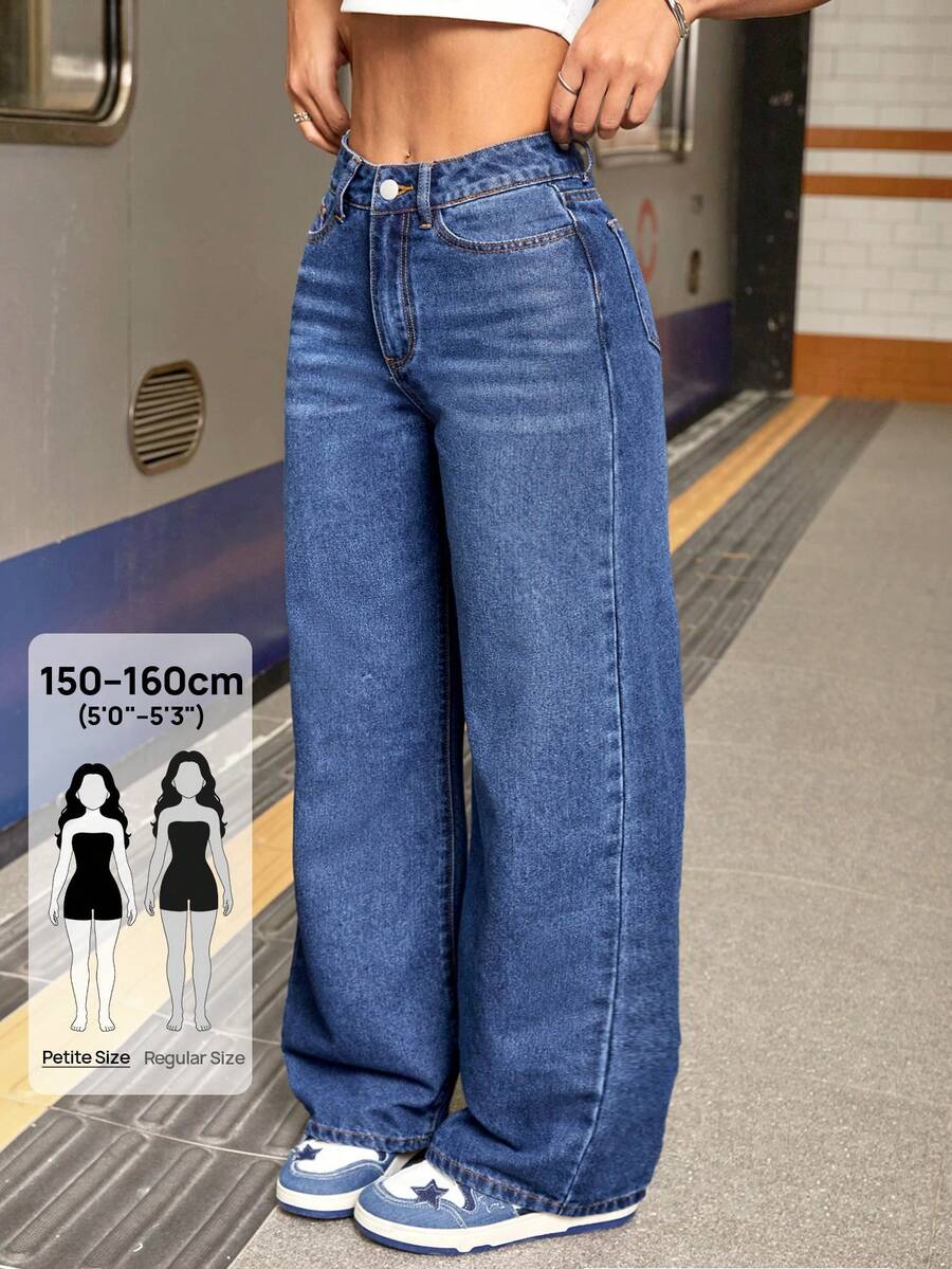 SHEIN PETITE 女款寬鬆版型牛仔褲,附口袋,適合嬌小女性 - 深色水洗藍 - 查看 1