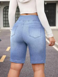 Flexra Plus Size Summer Casual High Waist Denim Shorts - Blue - View 7
