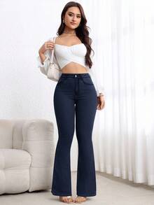 SHEIN PETITE 女款休閒水洗高腰喇叭牛仔褲，女款喇叭牛仔褲，女款靴型牛仔褲，女款高腰喇叭腿褲，適合嬌小女性 - 寶藍色 - 查看 6