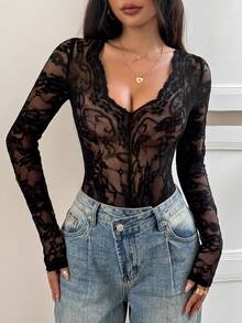 SHEIN Raffinéa Almamuse 女式 Y2k 极简主义性感可爱 V 领长袖披肩假 2 件黑色蕾丝嬉皮透明紧身衣，通勤友好，时尚百搭，适合所有季节，与校园女孩和街头风格专家的风格相同，波西米亚风女装 - 黑色 - 查看 5