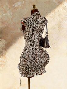 Amplova Women's Leopard Print Mini Dress With Cheongsam Collar - Multicolor - View 9