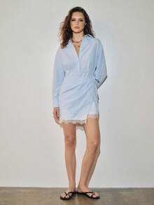 MOTF PREMIUM Đầm sơ mi cotton kẻ sọc phối ren patchwork phong cách Urban, màu xanh trắng, kiểu Pháp thanh lịch, phù hợp cho brunch mùa thu và đi du lịch - Màu xanh lam - Xem 3