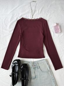 Tween Girl Lace Square Neck Simple Versatile Comfortable Fashion Top Suitable For Daily Wear, Party, Outing Fall/Winter - Burgundy - View 2