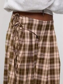 COUREZ Falda midi envolvente con lazo lateral en cuadros / Ropa de verano Y2K Atuendos de verano para mujeres Atuendos para salir Faldas para mujeres Falda negra Falda de verano - Multicolor - Ver 7