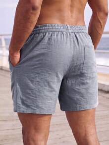 Manfinity KASUA Men's Solid Color Drawstring Waist Pocket Casual Beach Shorts - Dark Grey - View 2