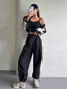 Dazy Tall Women's Colorblock Patchwork Short Jacket And Loose Long Pants Street Casual 2 Pieces Set Fall - Black - View 6