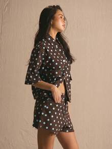 MUSERA Polka Dot Denim Oversized Co-Ord Top Only Spring Summer Cosy Cute Daily Girly Vacation Sunlight Social - Brown - View 3