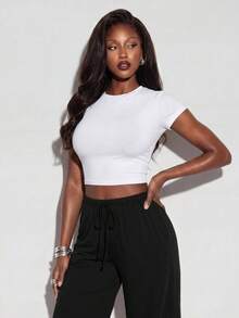 Normani 女款純色腰部綁帶口袋寬腿寬鬆休閒長褲 - 黑色 - 查看 8