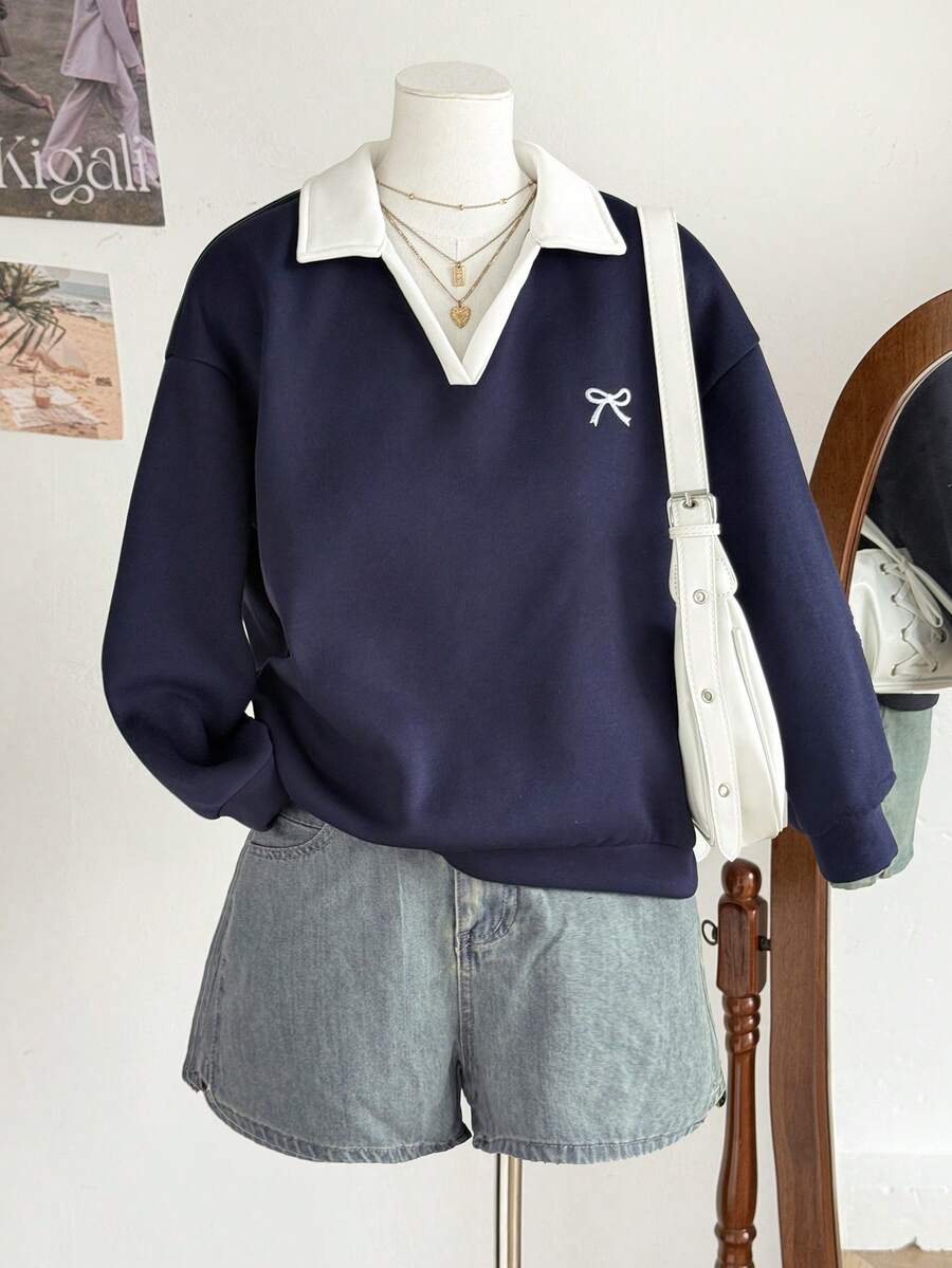 Tween Girl Casual Versatile Blue Tone Collared Preppy Style Back To School Embroidered Sweatshirt Fall/Winter - Blue - View 1