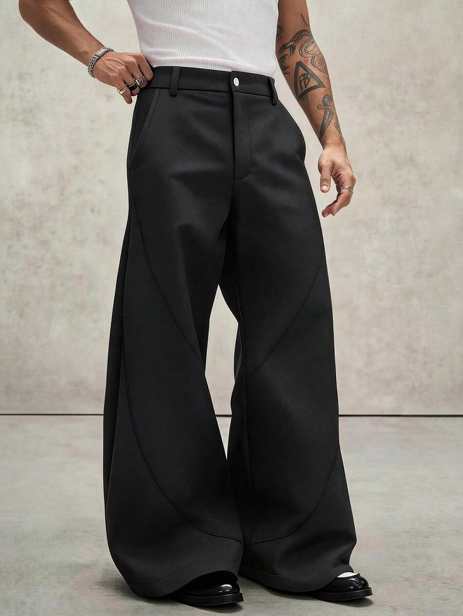 PAVTROS Men's Black Long Pants, Loose Fit Flared Leg Trousers, Fashion Versatile Pants - Black - View 1