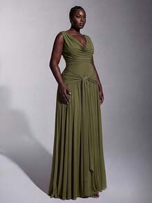 Elitara Olive Green Fall Elegant Classy Evening Formal Party High-Stretch Knit Mesh Plunging Neck Twist Ruffle Bridesmaid Dresses Women Gala Wedding Guest - Army Green - View 4