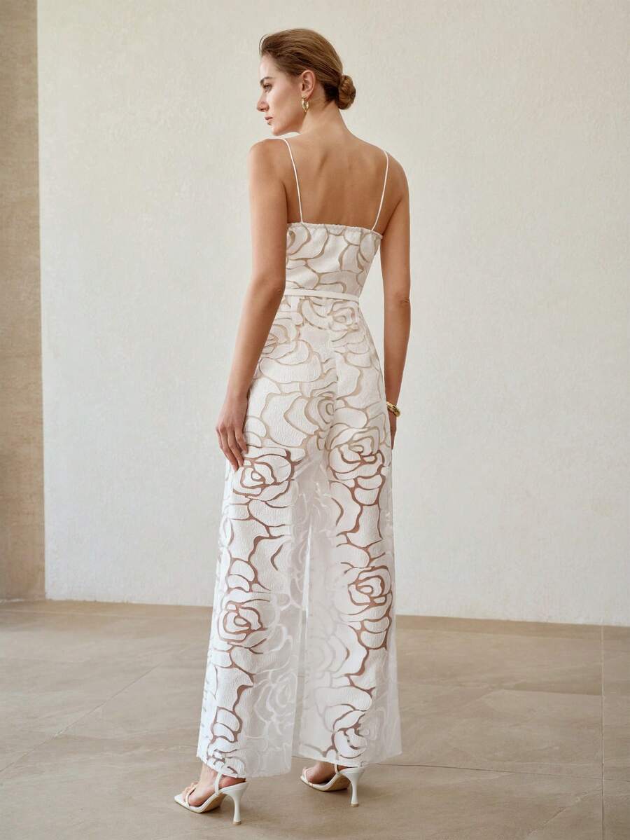 MOTF PREMIUM SUMMER ARTISTIC ROSE TEXTURE CAMISOLE JUMPSUIT, ELEGANT WAIST-CINCHING SLIMMING HIGH-END DESIGN FOR WOMEN - White - View 2