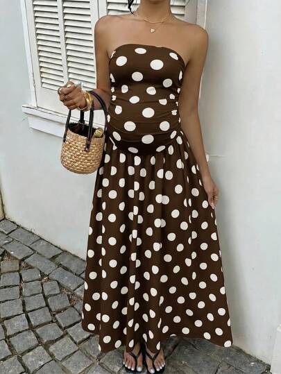 SHEIN Maternity Polka Dot Ruched Elegant Waist-Cinched Strapless Party Dress