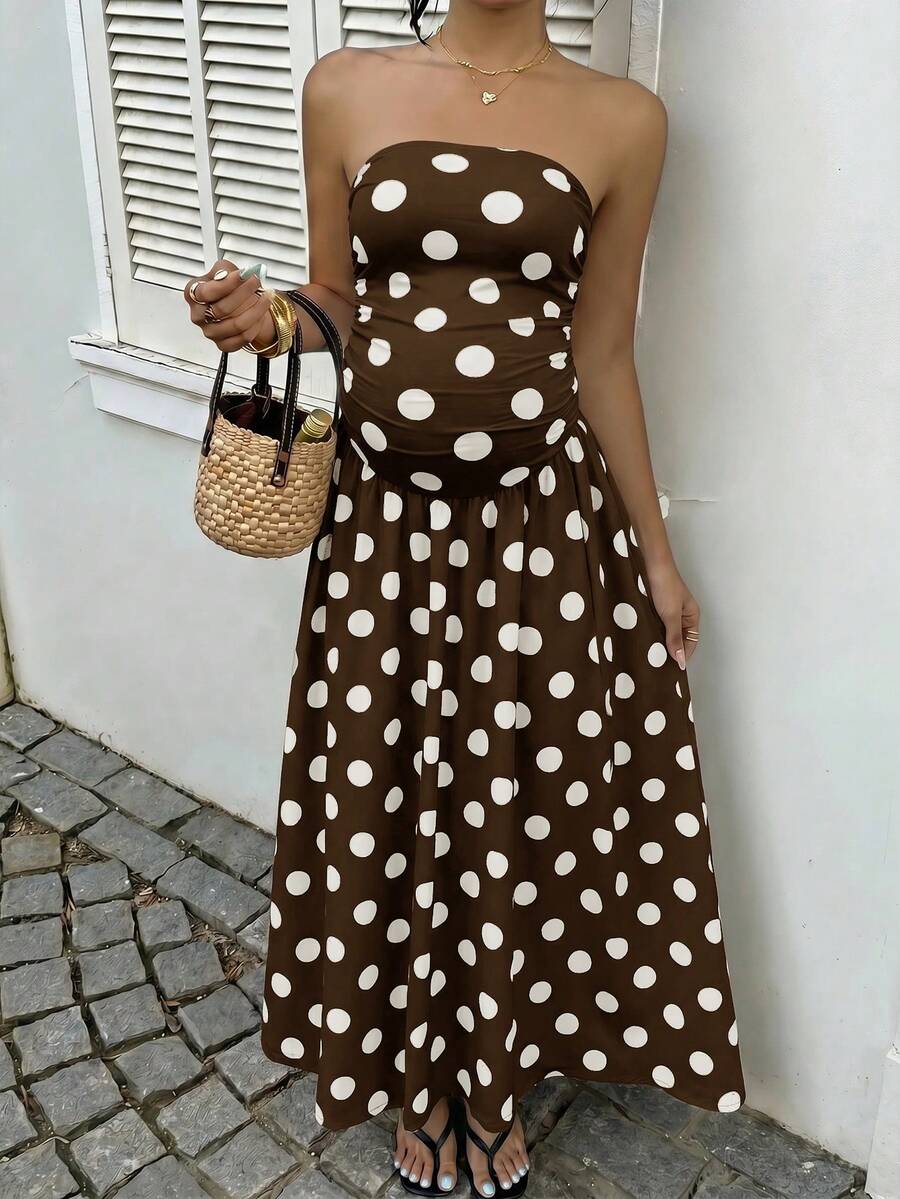 Lyckli Maternity Polka Dot Ruched Elegant Romantic Waist-Cinched Strapless Party Going Out Wedding Guest Dress Summer Brown - Mocha Brown - View 1