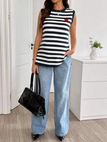 SHEIN Rompi Rajut Hamil Bergaris dengan Bordir Hati dan Belahan di Bagian Bawah - Navy Blue - View 5