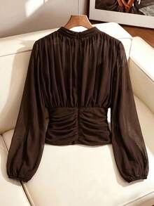 SHEIN Clasi 女款素色百褶休閒百搭日常穿著襯衫 - 咖啡棕 - 查看 2