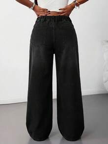SHEIN Tall CURVE 大尺碼時尚百搭口袋鈕扣寬鬆牛仔褲 女款牛仔女孩風冬季秋季服飾 - 黑色 - 查看 3