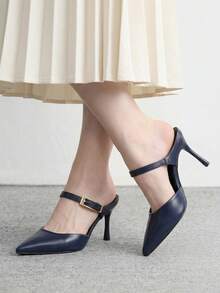 CUCCOO BIZCHIC 女款春夏新款簡約金屬扣尖頭高跟鞋 白色後背細跟涼鞋 通勤百搭款 - 藏蓝色 - 查看 3