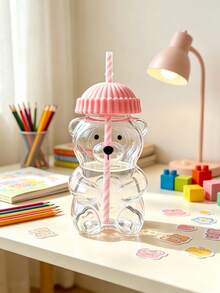 1Pc Cute Bear Shaped Heat Resistant Glass Cup With Lid & Straw, Honey Bear Sippy Mug For Coffee Beer Wine Cocktail, Home Kitchen Party Drinkware, Xmas New Year Gift. - Multicolor - View 2