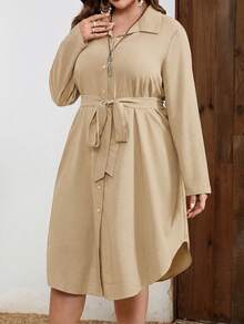 EMERY ROSE Plus Size Women's Solid Color Long Sleeve Single-Breasted Casual Shirt Dress Fall - Khaki - View 3