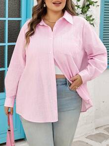 SHEIN CURVE+ Curve Size US22 音樂節海邊度假波希米亞風女款長袖休閒條紋襯衫，春夏女裝 - 粉色 - 查看 11
