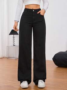 SHEIN Tall Women Front Button Pocket Casual Simple Denim Jeans, Everyday Wear, Tall Women - Black - View 5