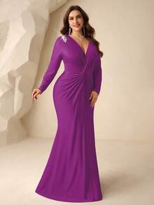 Coutiva Plus Size Formal Evening Gown With Rhinestone Embellishments, Pleated Mermaid Hemline (Intricate Design) - Violet Purple - View 6
