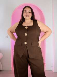 Pretty and Ole Plus Size Casual Vest And Pants Two Pieces Set Elegant Summer - Coffee Brown - View 5