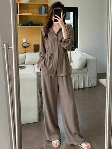 Dazy Tall 女款素色長袖上衣與長褲休閒日常套裝 - 卡其色 - 查看 10