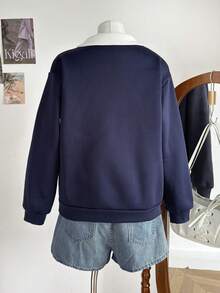 Tween Girl Casual Versatile Blue Tone Collared Preppy Style Back To School Embroidered Sweatshirt Fall/Winter - Blue - View 3