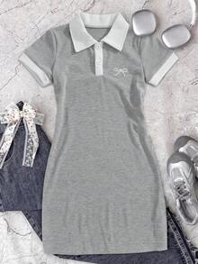 SHEIN Gaun Rajut Lengan Pendek Kerah Polo Setengah Kancing dengan Bordir Pita Kasual Elastis Nyaman untuk Anak Perempuan, Musim Panas - Grey - View 6