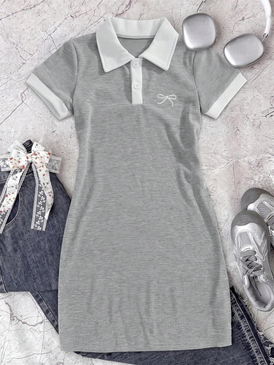 SHEIN Girls' Bow Embroidered Casual Elastic Comfortable Colorblock Half-Button Polo Collar Knit Short Sleeve Dress, Summer - Grey - View 1