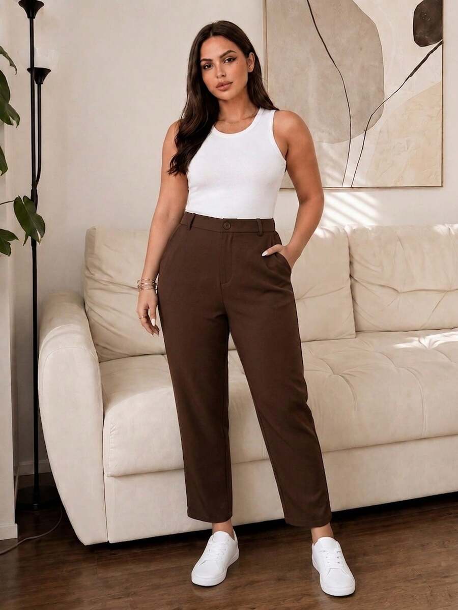 Lounesse Plus Size Brown Button Formal Elegant Suit Pants In Fall/Winter - Brown - View 1