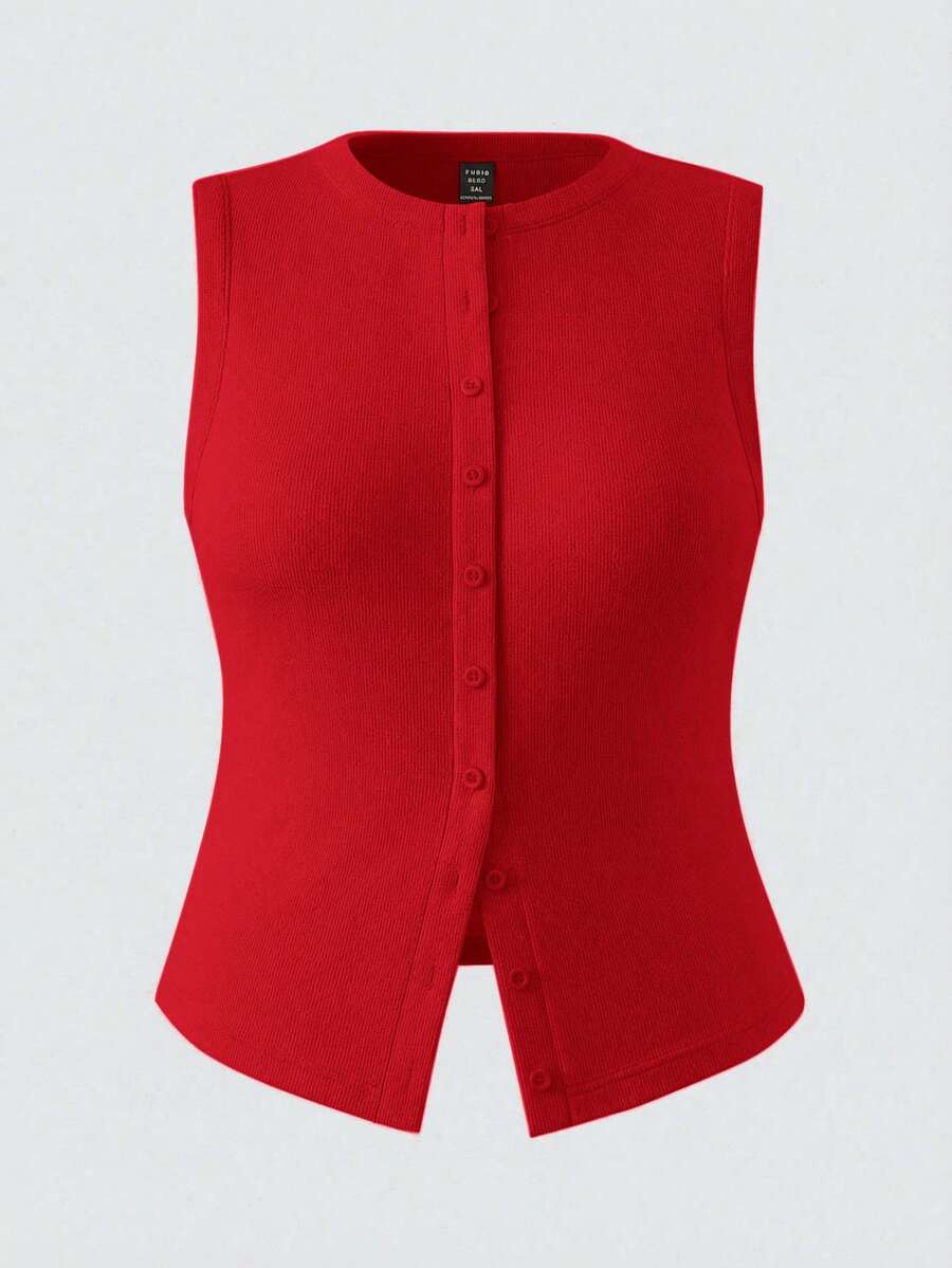 SHEIN BASICS 休閒純色針織修身大尺碼背心 - 紅色 - 查看 1
