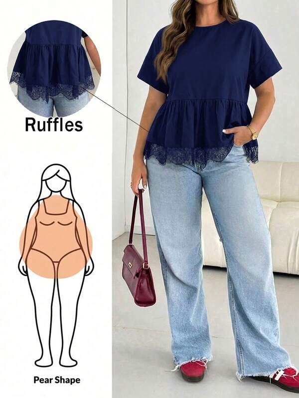 Shapeblank Plus Size Women's Spring/Summer Casual Elegant Loose Navy Blue Lace Trim Hem Short Sleeve Babydoll Top, Going Out Evening Formal Top, Summer Blouse