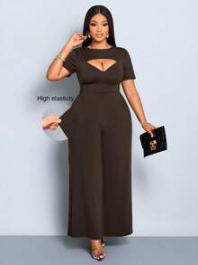 SOLERSUN Ladies' Plus Size Elegant Sexy Party Going Out Night Chest Hollow Short Sleeved Hanging Jumpsuit Chocolate Brown Summer - Brown - View 8