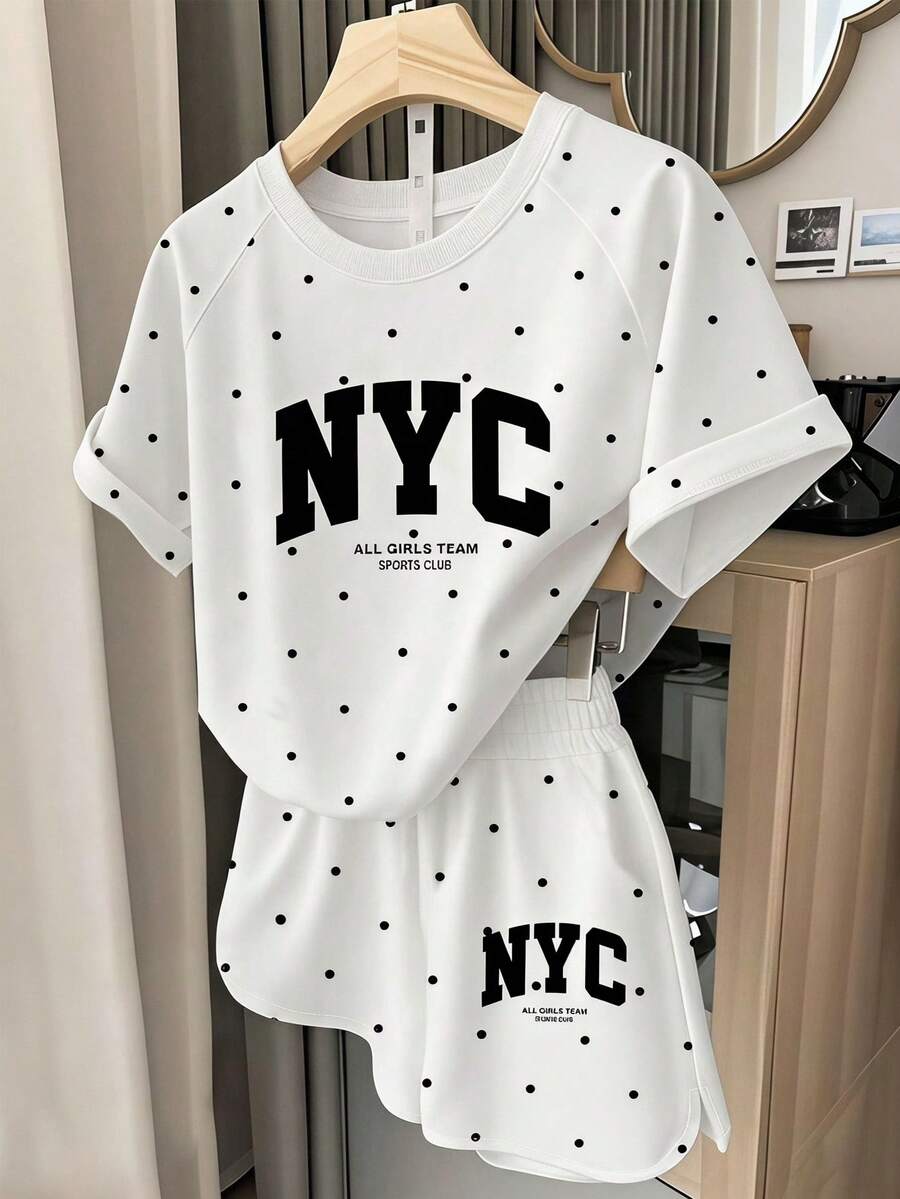 青少年女孩 T-Shirt 套裝，休閒白色底黑波點 NYC 羅根袖圓領寬鬆短袖 T-Shirt 與短褲 2 件套，適合夏季，個性化羅根袖寬鬆短袖圓領 T-Shirt + 寬鬆短褲套裝，青少年女孩 T-Shirt 與短褲套裝，適合春夏，舒適易穿，家庭出遊，休閒穿著，開學必備，居家煥新，優雅涼爽服飾系列，舒適易穿，輕鬆運動，基礎風格，日常青少年女孩時尚