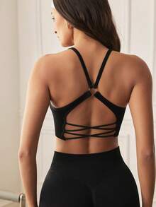 Eassivo Eassivo Women's Solid Color Criss-Cross Back Daily Fitness Sports Bra - Black - View 2